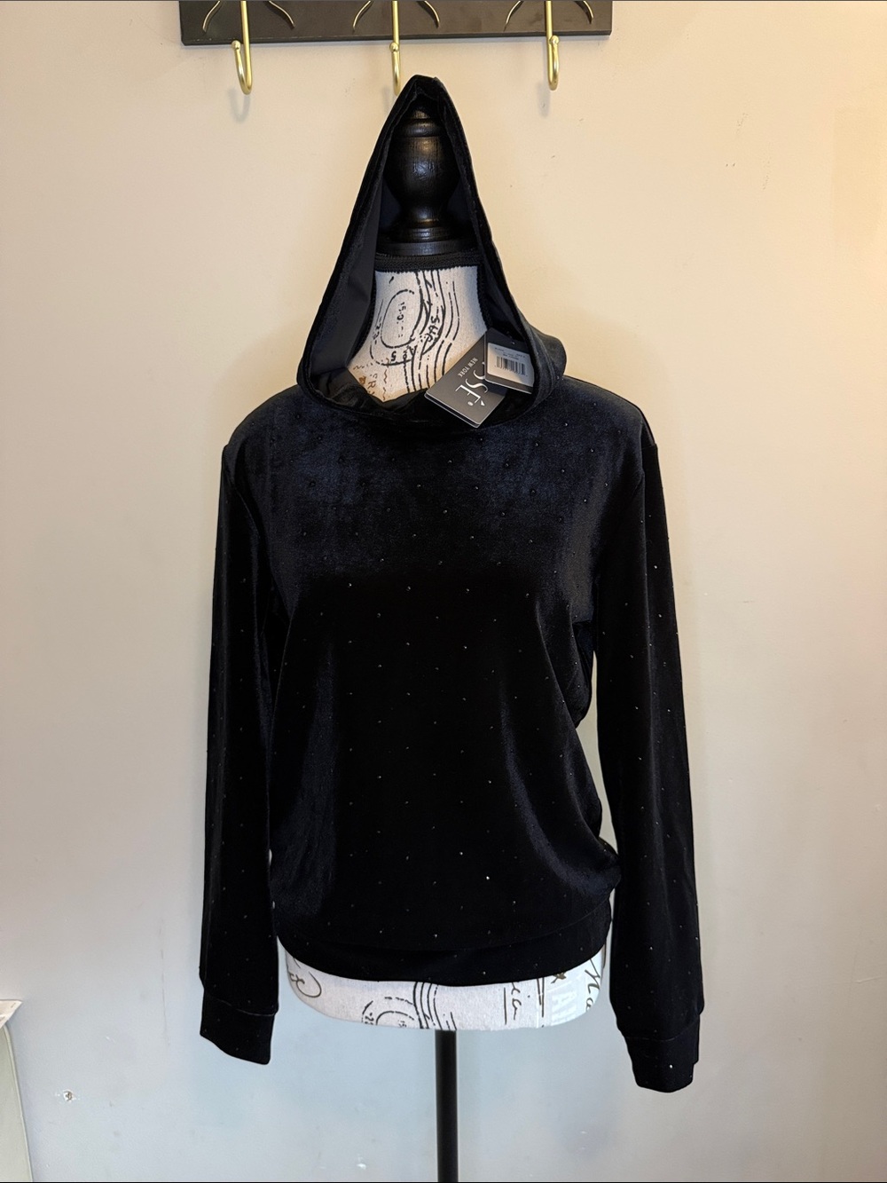 Lysse Black Velvet Hooded Sweatshirt with Subtle Sparkle - Size S